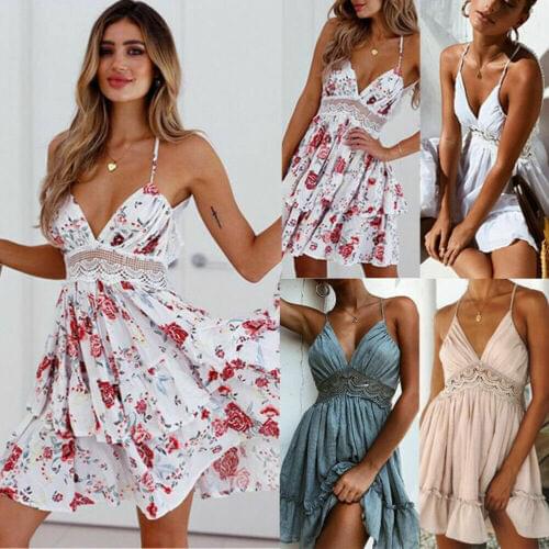 2019 Women Floral Short Dress Hawiian Backless Evening Party Summer Beach Casual Short Sundress