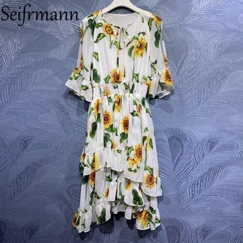 Seifrmann New 2021 Summer Women Fashion Runway Midi Dress Flare Sleeve Bow Elastic Waist Ruffles Floral Printed Ladies Dresses