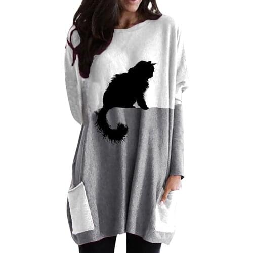 40# Womens Animal Print Dresses Leisure Time Splicing Cat Double Pockets Spliced Loose Dresses Vintage Casual Maxi Dress