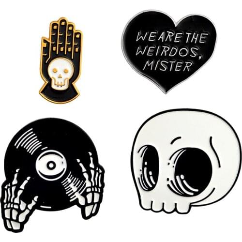 RNG Skull CD Black and White Metal Enamel Pin Skull Hand Music We Are Weird Letters Love Badge Punk Brooch Jewelry Gift