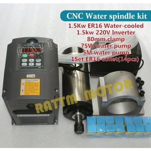 CNC Spindle Kit 1.5KW Water Cooling Spindle Motor + 1.5kw Interver/VFD + ER16 full set collet + 80mm Clamp+75W Water Pump + Pipe