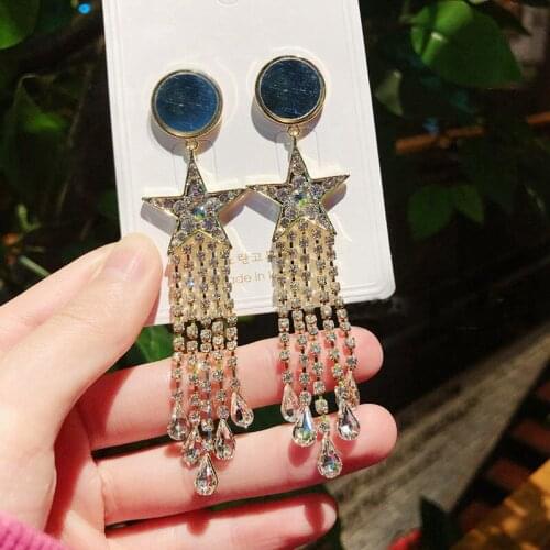 Korean New Trendy Full Rhinestone Star Tassel Long Dangle Earrings For Women Elegant Daily Party Jewelry