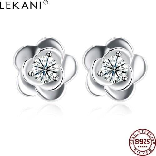 LEKANI Romantic Flower 925 Sterling Silver Stud Earrings For Women Clear Cubic Zirconia Party Earring Fine Jewelry New Arrival