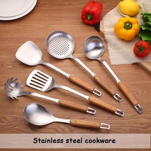 Stainless Steel Colander Rice Scoop Steak Shovel Spatula Cookware Set Wood Handle Soup Cooking Tool Japanese Dinnerware Set 1set