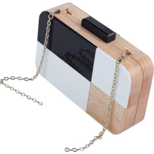 Fashion Wood Evening Bag Lady Chain Shoulder Handbag Wallet Wedding Bridal Clutch bag Black White Color Acrylic Crossbody Bag