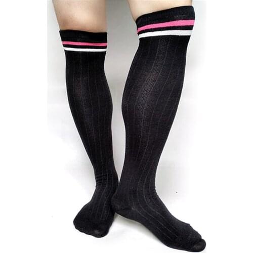 Knee High Mens Cotton Striped Socks Stocking Sexy Gentlemen Black Hose Brand New Style Gay Male Formal Socks Sox
