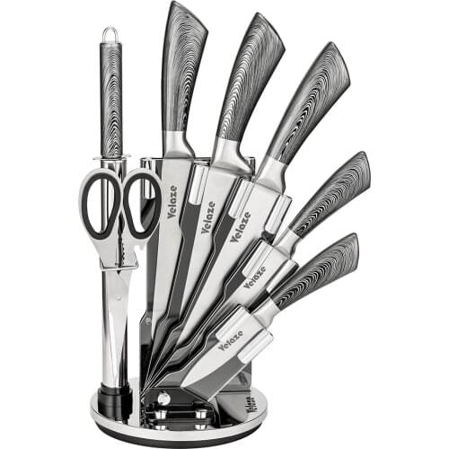 Velaze 8 Piece Stainless Steel Kitchen Knife Set with Sharpener and Spinning Block Japanese Kitchen Knives Set Accessories