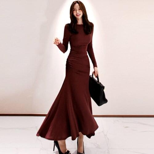 Autumn Winter Maxi Dress Women Round Neck Vintage Party Bodycon Mermaid Dresses Ladies Elegant OL Office Long Robe Vestidoes
