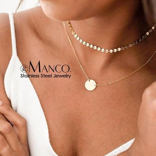 EManco 2 Pcs Layered Necklace women Real Stainless Steel Necklace for women 13mm Round Pendant Choker Necklace