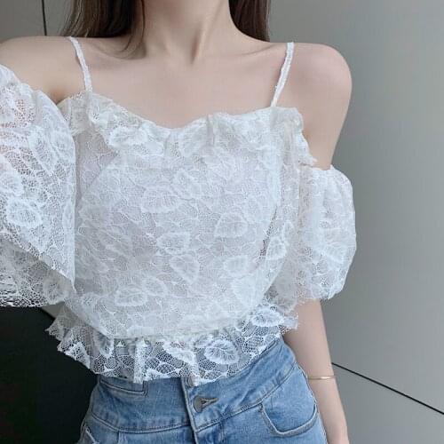 Shirts Female French Summer Women Lace 2021 Short Sling Top Ladies White Mesh Blouse Gauze Solid Sexy One Shoulder Clothing 0989