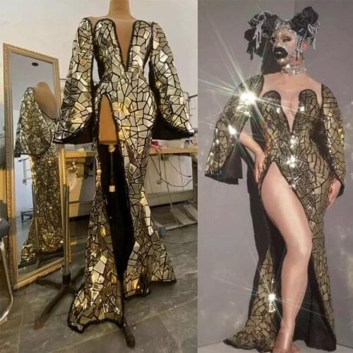 Sexy Deep V-neck Laser Mirror Slit Long Dress Women Singer Host Models Evening Party Stage Dresses Birthday Prom Show Costume
