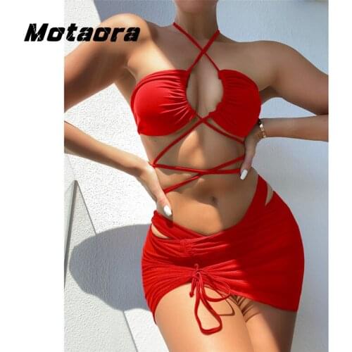 Sexy Bandage Pleated Bathing Suit New Push Up Split Swimsuit Women Solid Color High Cut SwimwearThree Piece Brazilian Bikini Set