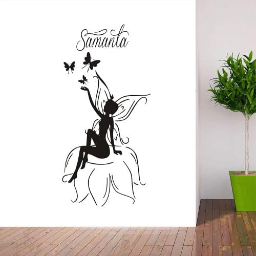 Butterflies Fairy Wall Stickers Girls Bedroom Removable Wall Decals Vinyl Customized Name Murals Decoration Size 30x60cm