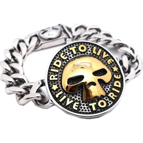 Unisex 316L Stainless Steel Cool Gold-Silver Big Skull Ride to Live, Live to Ride Biker Bracelet Newest