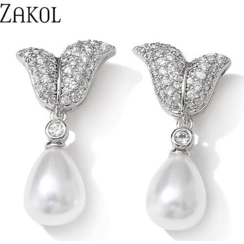 ZAKOL New Temperament Irregular Cubic Zirconia Dangle Earrings Women Luxury Imitation Pearls Bridal Wedding Jewelry Gifts EP2920
