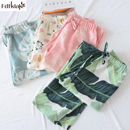 Fdfklak Ladies cotton double gauze pajamas pant spring summer autumn home pants with pockets casual large size trousers women