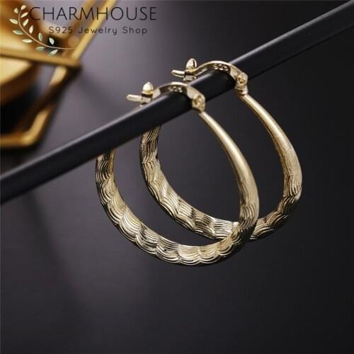 Charmhouse Hoop Earrings For Women Yellow Gold Color U Shape Clip Earing Brincos Femme Pendientes Wedding Bridal Jewelry Bijoux