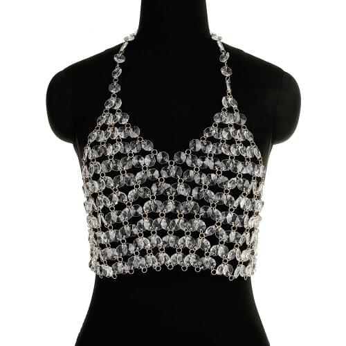 Short Acrylic Top Women Sexy V-Neck Backless Halter Crystal Bra Masquerade Stage Party Fashion Body Chain Jewelry Accessories