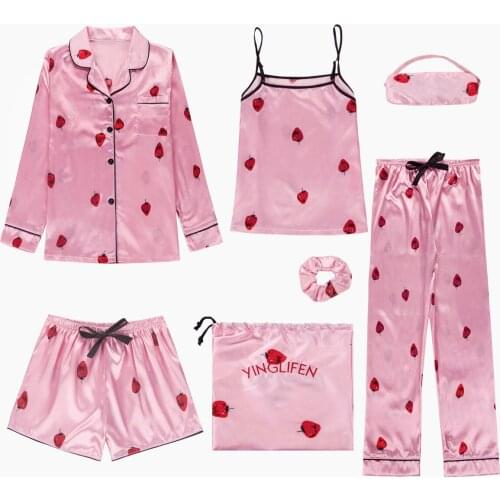 2021 New Pink Womens 7 Pieces Pajamas Sets Faux Silk Striped Pyjama Women Sleepwear Sets Spring Summer Autumn Homewear Clothes