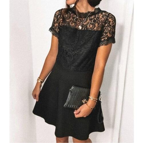Womens Fashion Temperament Lace Backless Short-Sleeve A-Line Thin Dress Black