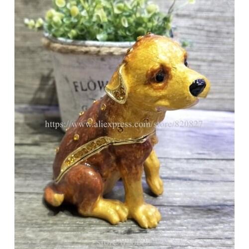 2018 Golden Dog TRINKET BOX Puppy Dog Figurine Rhinestone Enamel Dog Trinket Hinged Gift Jewelry Box Newest Dog Trinket
