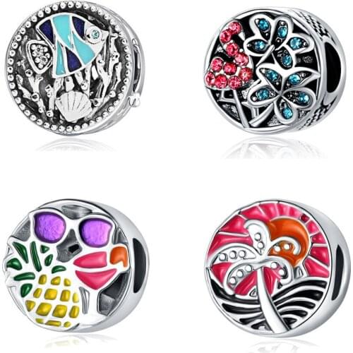 5PCS Enamel Tropical Fish Pineapple Flamingos Coconut Tree Charm Crystal Bead Fit Bracelet Jewelry Women DIY Accessories