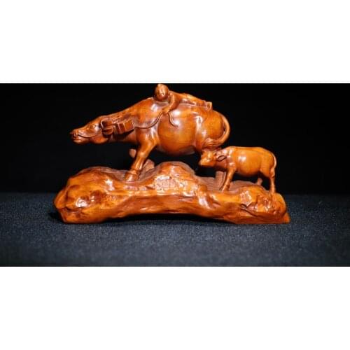 6" China Lucky Old Boxwood Handmade statue Cowherd boy Mother and child Cattle statue Town House Exorcism Ward off evil spirits