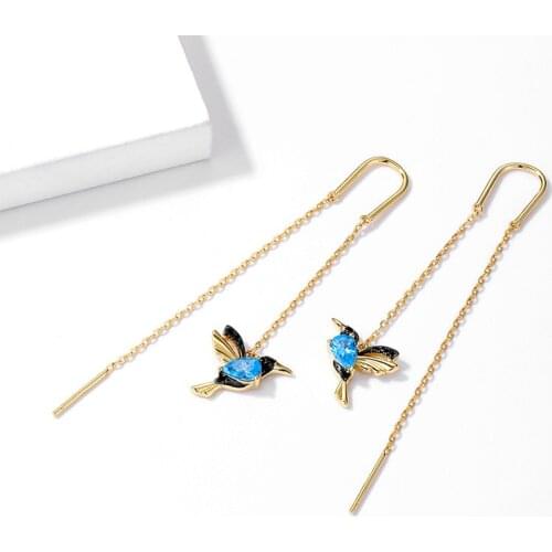 925 Sterling Silver Swallow Long Gold Plated Ear Pendant