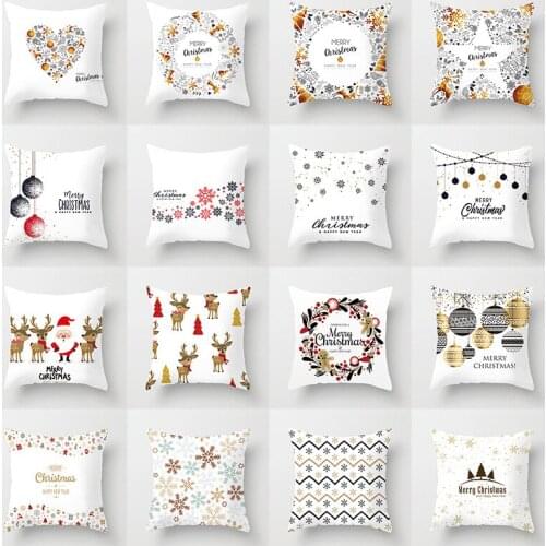 White Throw Pillow Case Santa Reindeer Snowflake Printing Cushion Cover for Home Car Sofa Christmas Decorative Cushion 45x45cm