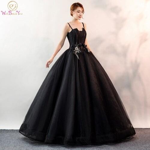 Black Evening Dresses 2020 Spaghetti Strap Tulle Lace Applique Bow Ball Gown Long Floor Length Women Night Wear Party Prom Gown