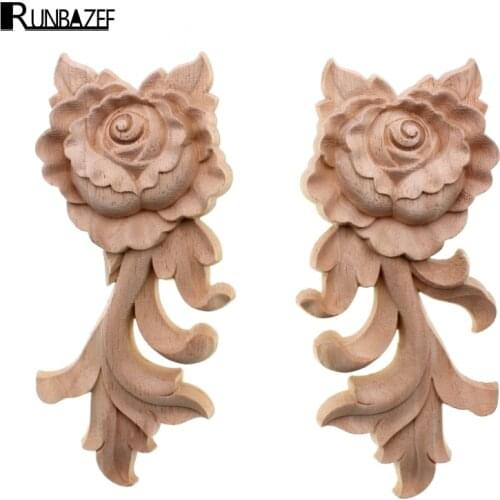 RUNBAZEF Floral Wood Carved Decal Corner Appliques Frame Wall Doors Furniture Woodcarving Decorative Wooden Figurines Crafts