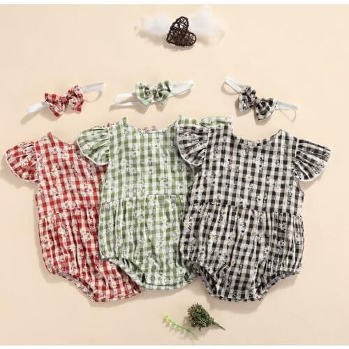 Toddler Baby Daisy Print Romper Summer Clothes Set Flying Sleeve O-neck Jumpsuit with Ruffles + Bow-knot Headband Infant Outwear