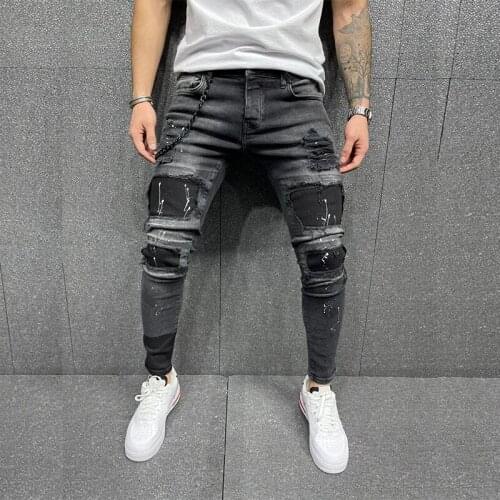 Hip hop Printed jeans men Hole ripped jeans Streetwear Elasticity Slim Fit skinny jeans men fashion trousers