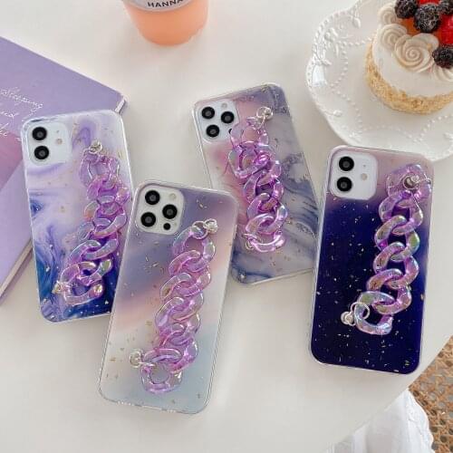 Epoxy Glitter Sequins Wrist Strap Chain Purple Gradient Marble Case for iPhone 12 Mini 11 Pro XS Max Wristband Hand Holder Cover