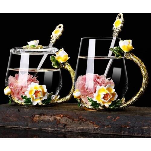 European aristocratic style Enamel Glass mug Tea Cup Coffee Mug Yellow flowers Painted Flower Water Cups Clear Glass mugs