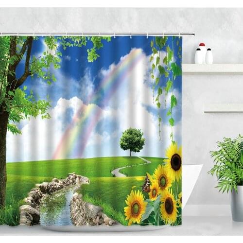 Blue Sky Natural Scenery Rainbow Bathroom Shower Curtains Screen Yellow Sunflower Butterfly Trees Grass Modern Decor Curtain Set