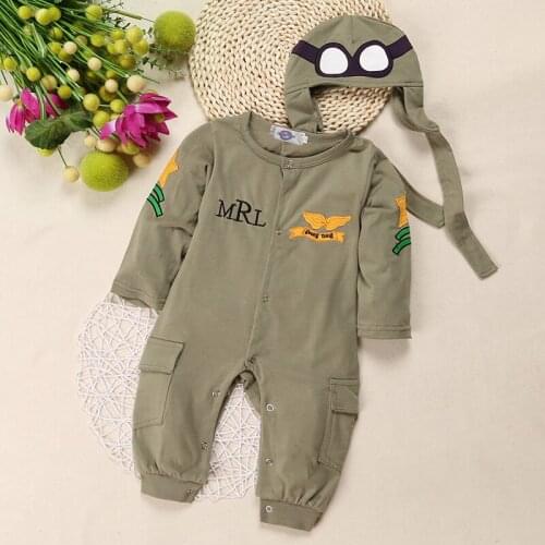2021 Spring Autumn Baby Rompers + Cap Boys Clothes Newborn Jumpsuits Infant Clothing Overall Aviator Costumes Green Outfits