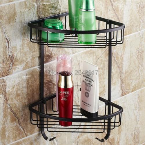 High Quality Euro Black Basket Shelf Wall Mounted Double Layer Bathroom Multifunctional Storage with Hooks ZR2525
