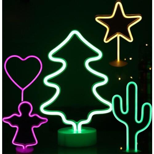 Creative LED Neon Night Light Christmas Tree Star Heart Angel Cactus Sculpt Lamp USB Room Decor Lantern Christmas Decor Light