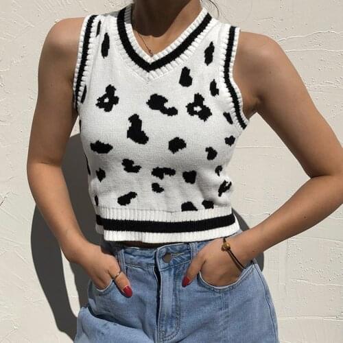 E-Girl Fashion Cow Printed Gothic Sweater Vest Y2K Sleeveless V-neck Knit Women Pullovers White Slim Streetwear Crop Tops