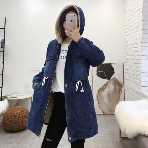 New Womens Denim Jacket Winter 2021 Fashion Warm Thicken Plus Velvet Cotton Parkas Coat Loose Hooded Long Tops Outerwear Female