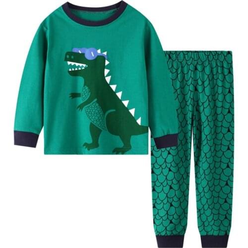 27kids Boys Suit Pajamas Long Sleeve Dinosaur Pattern Spring and Autumn Set Cotton Baby Childrens Home Service Sleepwear