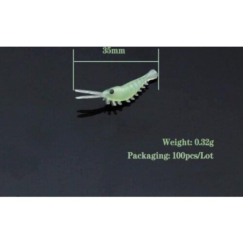 100pcs/Lot Soft Lure Worms Glow Shrimps Fishing Lure 35mm 0.32g Rigs Luminous Shrimp Jigs Artificial Bait For Bass Walleye Trout