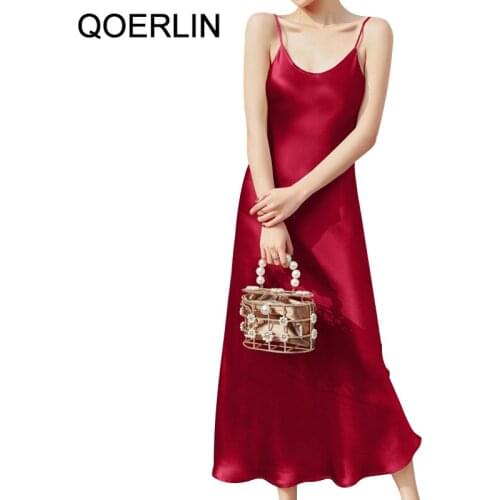 QoerliN Acetate Satin Suspender Strap Dress Women Sexy Sundress Mid-length Long Dresses Female Solid Black Dress Maxi Plus Size