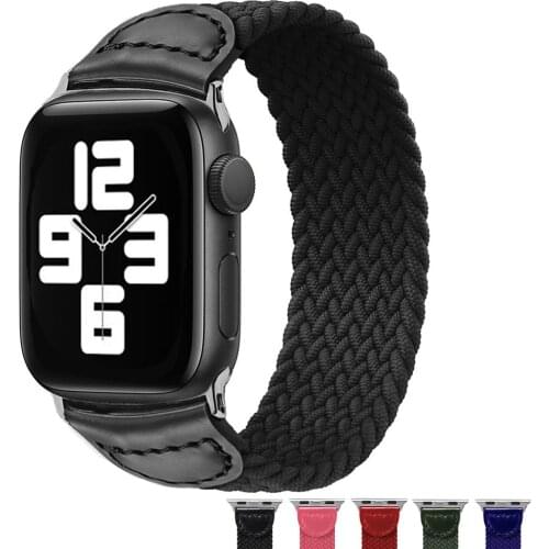 BEAFIRY For Apple watch 6 5 44mm 40mm Band Leather+Silicone Braided Solo Loop Watchband for iwatch Straps 42mm 38mm Black Blue