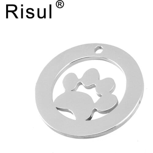 Risul pet charms blank dog paw in round pendants Stainless steel personalized print pendant both sides mirror polished 10pcs