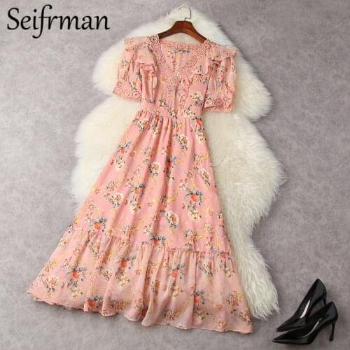 Seifrmann New 2021 Summer Women Fashion Designer Midi Dress Lantern Sleeve Ruffles Embroidery Beading Print Ladies A-Line Dress
