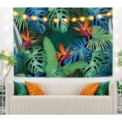 Green Leaves with Red Flowers Tapestry Vintage Exotic Summer Plant Nature Frame for Bedroom Photography Wall Decor