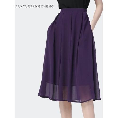 Mid-Length Ladies Purple Chiffon Skirt 2021 Summer New Pleated Lightweight A-Line Skirts Elegant Plus Size Female Office Bottoms