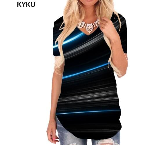 KYKU Abstract T-shirt women Psychedelic Shirt Print Dark Blue Tshirts Printed Harajuku V-neck Tshirt Womens Clothing Hip hop